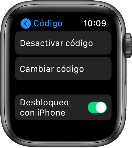 Configuración del código en el Apple Watch, con el botón "Desactivar código" en la parte superior, el botón "Cambiar código" debajo y el interruptor "Desbloqueo con iPhone" en la parte inferior.