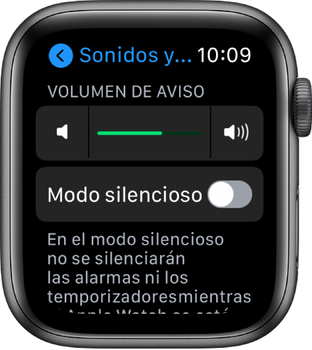 Ajustes de “Sonidos y vibraciones” del Apple Watch, con el regulador “Volumen de aviso” en la parte superior y el botón del modo Silencio debajo.
