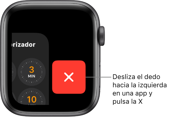 El Dock después de deslizar el dedo hacia la izquierda en una app con el botón X a la derecha.