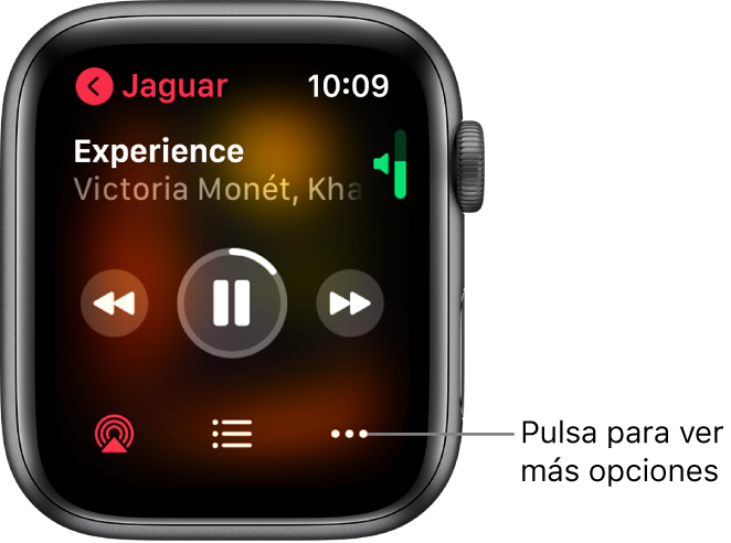 La pantalla “Ahora suena” en la app Música. El nombre del álbum se encuentra en la parte superior izquierda. El título de la canción y el artista aparecen arriba, los controles de reproducción en el medio y AirPlay, la lista de pistas y los botones de opciones están abajo.