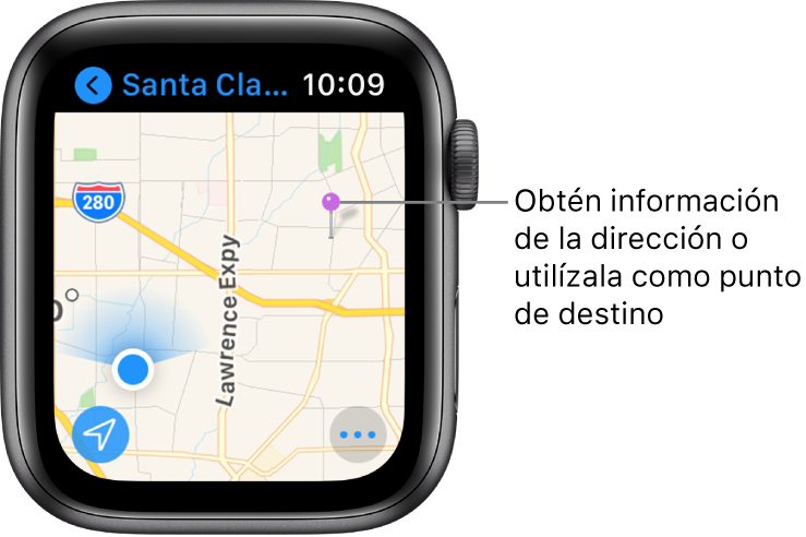 La app Mapas con un mapa donde se muestra una chincheta violeta, que puede utilizarse para obtener la dirección aproximada de un punto del mapa o como destino para las indicaciones.