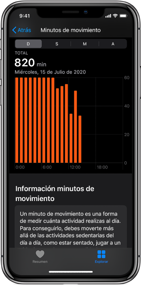 iPhone con el informe de minutos de movimiento. Las pestañas Resumen y Explorar se encuentran en la parte inferior de la pantalla, con el botón Explorar seleccionado.
