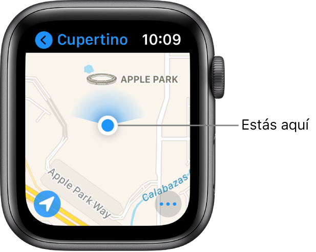 La app Mapas con un mapa abierto. Tu ubicación aparece indicada con un punto azul en el mapa. Encima del punto de la ubicación hay un abanico azul que indica que el reloj apunta hacia el norte.
