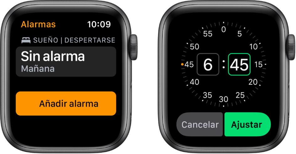 Dos pantallas del reloj en las que se muestra el proceso para añadir una alarma: Pulsa “Añadir alarma”, gira la corona Digital Crown para ajustar la hora y, a continuación, pulsa Ajustar.