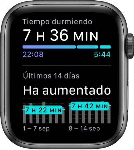 La pantalla de Sueño con las horas que has dormido y las tendencias de sueño de los últimos 14 días.