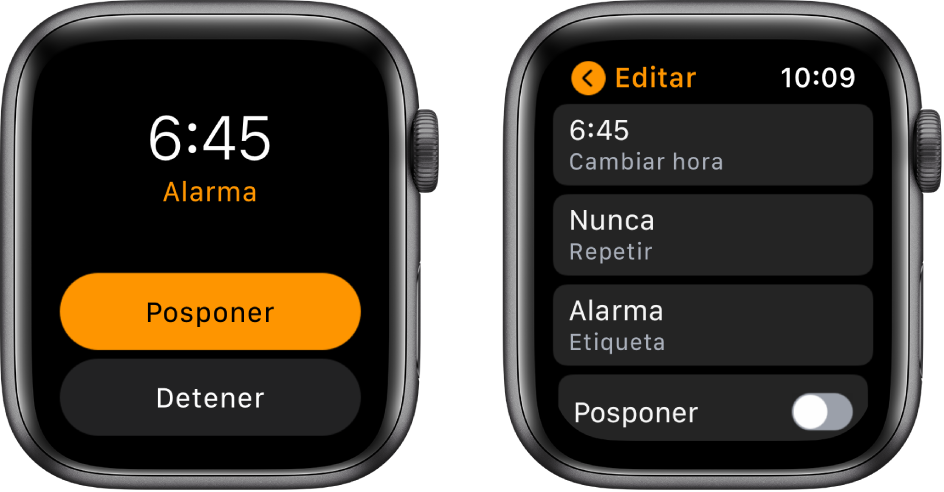 Dos pantallas del reloj: En una se muestran los botones Posponer y Detener, y en la otra se muestran los ajustes “Editar alarma”, con los botones “Cambiar hora”, Repetir y Alarma debajo. Abajo se muestra el interruptor Posponer. El interruptor Posponer está desactivado.