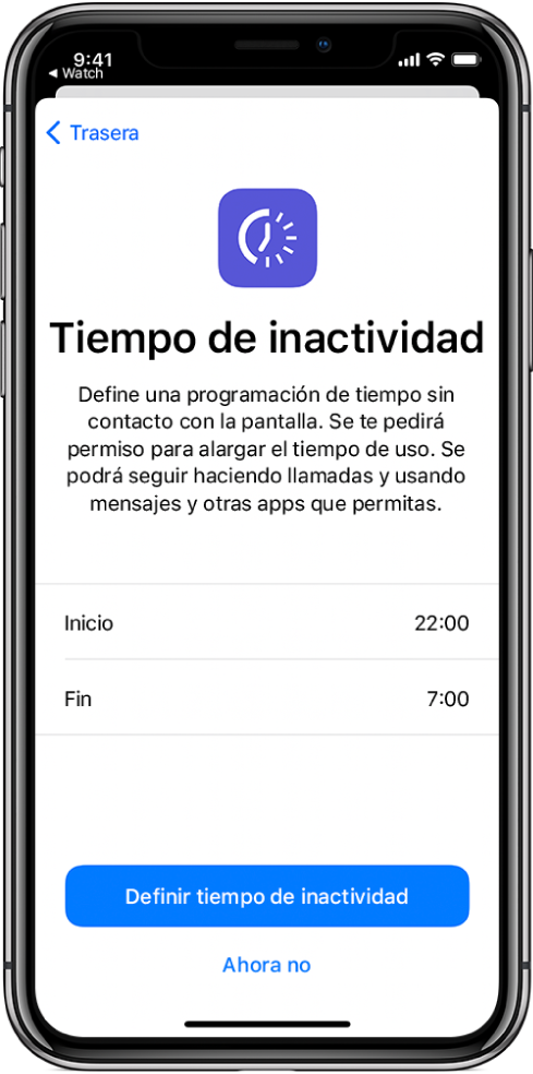 iPhone con la pantalla de configuración de tiempo de inactividad. Elige la hora de inicio y fin en el centro de la pantalla. Los botones “Definir tiempo de inactividad” y “Ahora no” están al final de la pantalla.