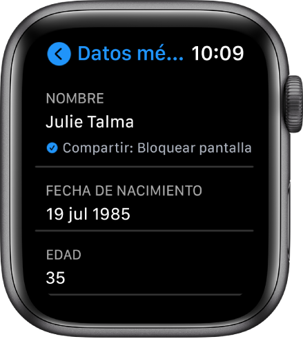 La pantalla “Datos médicos”, con el nombre del usuario y la edad.