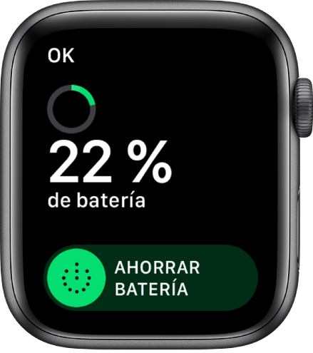 La pantalla “Ahorrar batería”, con el botón OK en la esquina superior izquierda, el porcentaje de batería restante y el regulador “Ahorrar batería”.