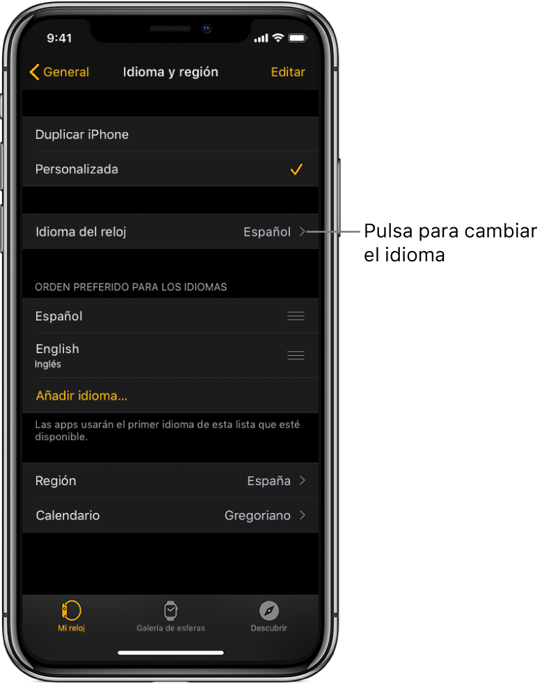 La pantalla “Idioma y región” en la app Apple Watch, con el ajuste “Idioma del reloj” cerca de la parte superior.