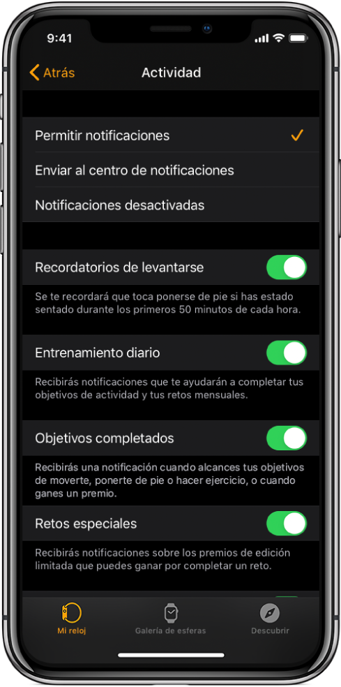 Pantalla Actividad de la app Apple Watch, donde puedes personalizar qué notificaciones quieres recibir.