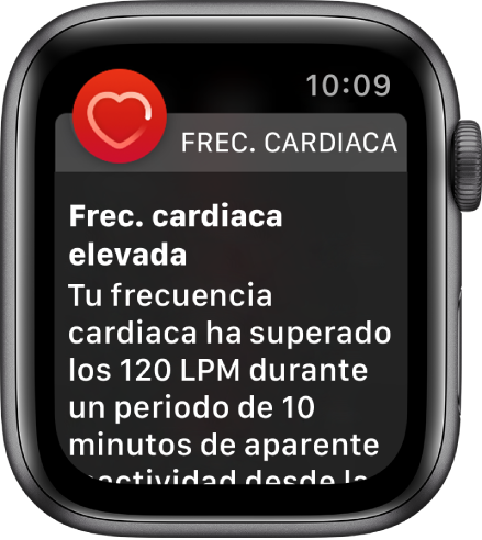 La pantalla de “Pulsaciones altas” con una notificación que dice que tu frecuencia cardiaca ha estado por encima de los 120 LPM mientras estabas en reposo durante 10 minutos.