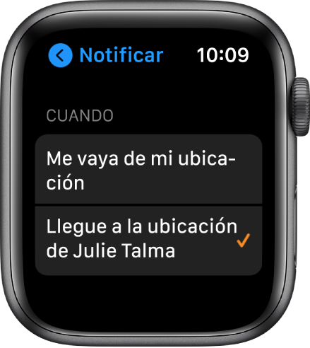La pantalla de notificación de la app Buscar Personas. Aparece seleccionada la opción “Cuando llegue a la ubicación de Julia Talma”.