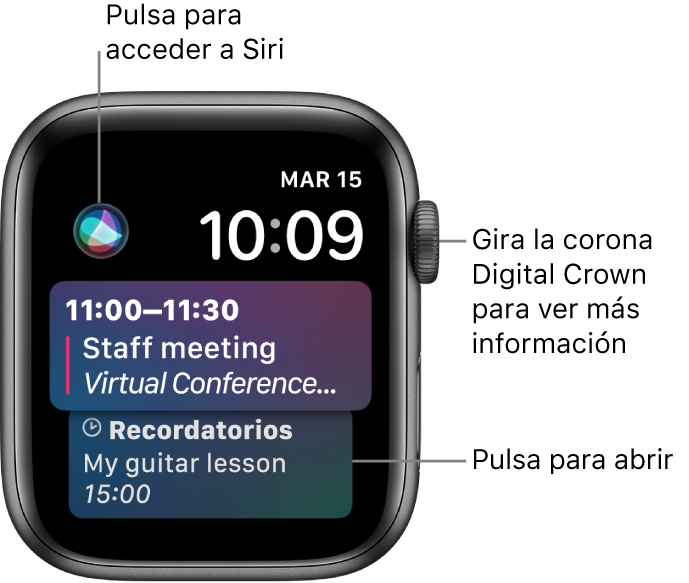 Esfera Siri, con un recordatorio y un evento del calendario. Hay un botón Siri en la esquina superior izquierda de la pantalla. En la parte superior derecha están la fecha y la hora.
