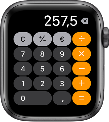 Apple Watch con la app Calculadora. La pantalla muestra el típico teclado numérico con las funciones matemáticas a la derecha. Arriba están los botones C, suma, resta y propina.