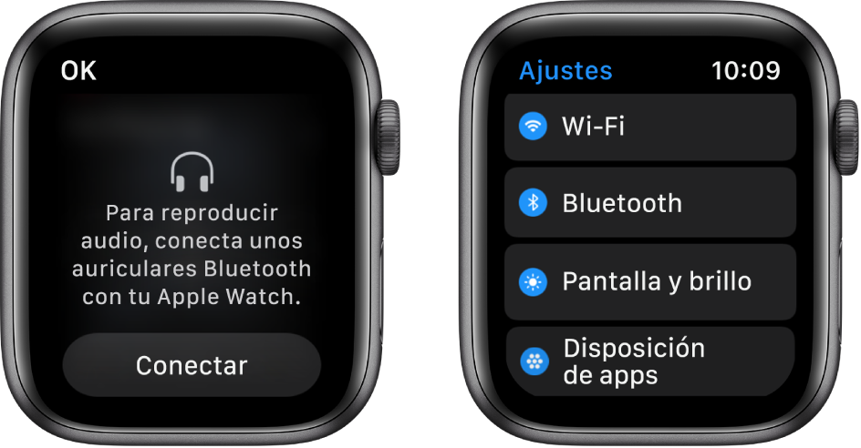 Dos pantallas, una junto a otra. A la izquierda hay una pantalla con indicaciones para conectar los auriculares Bluetooth al Apple Watch. En la parte inferior hay un botón Conectar. A la derecha está la pantalla Ajustes, con los botones Wi-Fi, Bluetooth, “Brillo y tamaño del texto” y “Disposición de apps” en una lista.