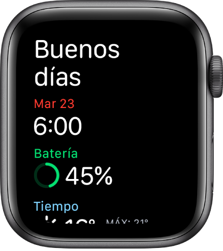 Un Apple Watch con la pantalla de despertarse. Las palabras “Buenos días” aparecen en la parte inferior. Debajo se muestra la fecha, la hora, el porcentaje de batería y el tiempo.