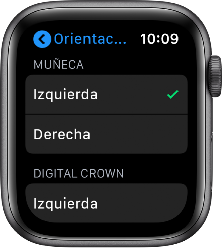 La pantalla de Orientación en el Apple Watch Puedes ajustar las preferencias en cuanto a la muñeca y la corona Digital Crown.
