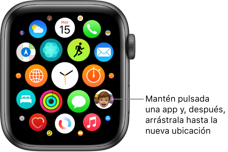 Pantalla de inicio del Apple Watch en visualización de mosaico.