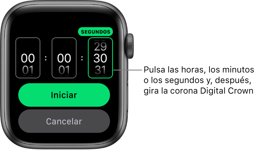 Ajustes para crear un temporizador personalizado, con la hora a la izquierda, los minutos en el medio y los segundos a la derecha. Debajo están los botones Iniciar y Cancelar.