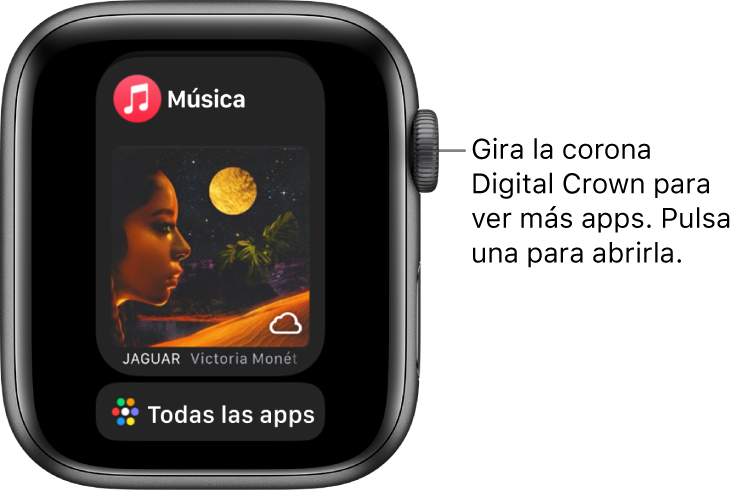 El Dock con la app Música y un botón “Todas las apps” debajo. Gira la corona Digital Crown para ver más apps. Pulsa una para abrirla.