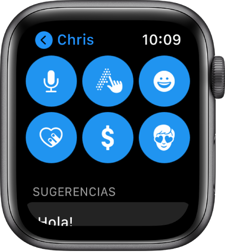 Una pantalla de Mensajes, con el botón “Apple Pay” y los botones Dictar, “A mano”, Emoji, “Digital Touch” y Memoji.