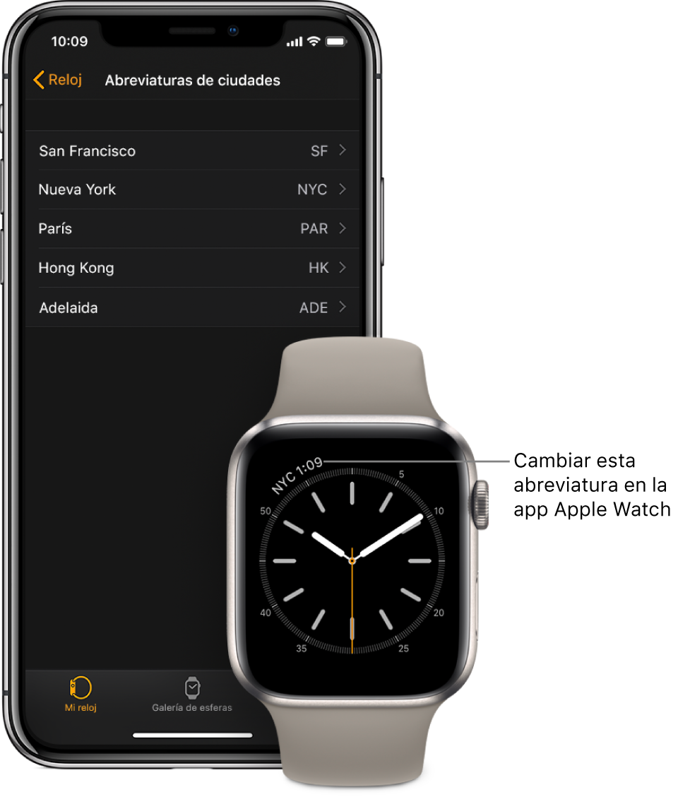 Un iPhone y un Apple Watch, uno al lado del otro. En la pantalla del Apple Watch se ve la hora de Nueva York (con la abreviatura “NYC”). En la pantalla del iPhone se muestra la lista de ciudades que aparece en los ajustes de “Abreviaturas de ciudades”, en los ajustes de Reloj de la app Apple Watch.