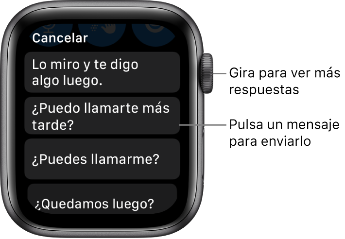 Pantalla de Mail con el botón Cancelar en la parte superior y tres respuestas predefinidas (“Lo miro y te digo algo luego.”, “¿Puedo llamarte más tarde?” y “¿Puedes llamarme?”).