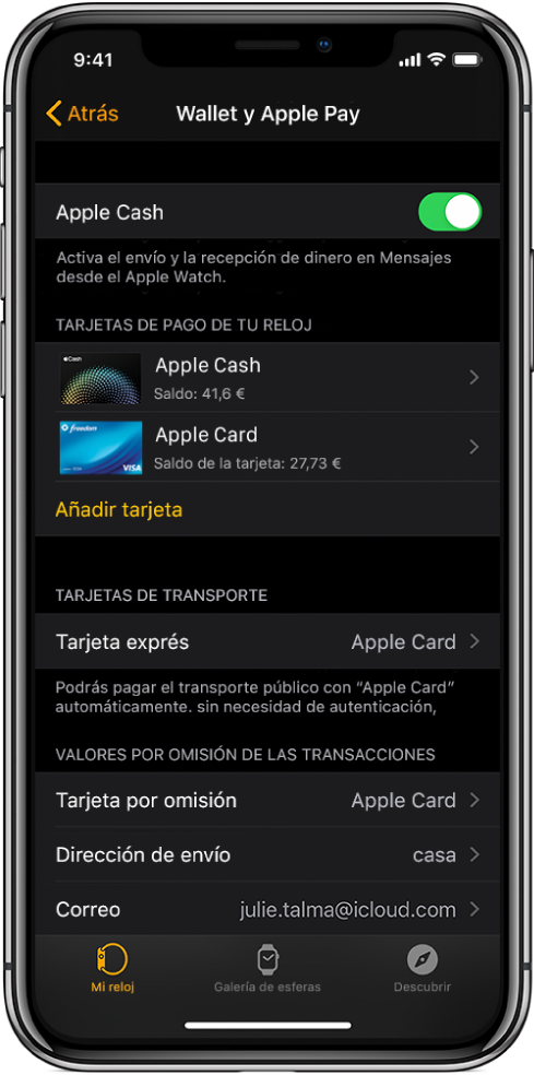 Pantalla de “Wallet y Apple Pay” en la app Apple Watch del iPhone. La pantalla muestra las tarjetas añadidas al Apple Watch, la tarjeta que has elegido usar como tarjeta exprés y los ajustes de transacción por omisión.