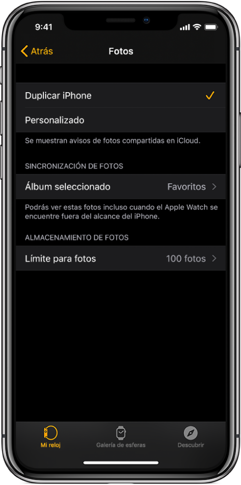 Ajustes de Fotos en la app Apple Watch del iPhone, con el ajuste “Sincronización de fotos” en el medio y el ajuste “Límite para fotos” debajo.