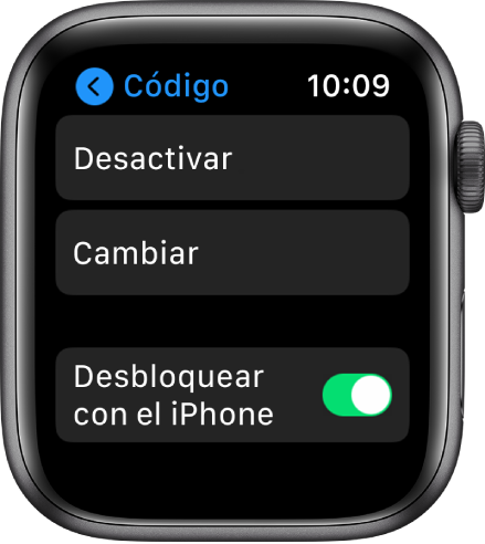 Ajustes de código del Apple Watch, con el botón “Desactivar código” arriba, el botón “Cambiar código” debajo del mismo y el interruptor “Desbloquear con el iPhone” en la parte inferior.