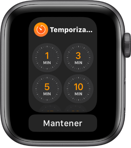 Pantalla de la app Temporizador en el Dock, con el botón Mantener debajo de ella.