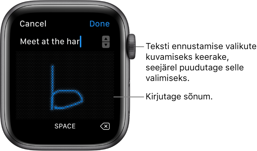 Kuva, milles saate kirjutada vastuse. Ennustatavad tekstivalikud kuvatakse üleval ning saate kirjutada keskele.