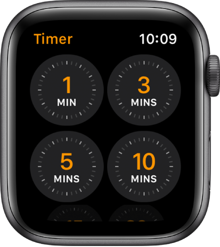 Rakenduse Timer kuva, kus on 1, 3, 5 ja 10 minuti kiirtaimerid.