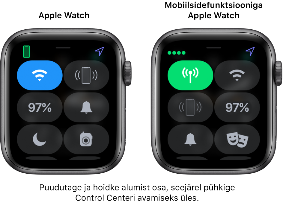 Kaks pilti: vasakul on ilma mobiilsidefunktsioonita Apple Watch, milles kuvatakse Control Center. Üleval vasakul on nupp Wi-Fi, üleval paremal on nupp Ping iPhone, keskel vasakul on nupp Battery Precentage, keskel paremal on nupp Silent Mode, all vasakul on nupp Do Not Disturb ning all paremal on nupp Walkie-Talkie. Parempoolsel pildil on mobiilsidefunktsiooniga Apple Watch. Control Centeris kuvatakse üleval vasakul nuppu Cellular, üleval paremal nuppu Wi-Fi, keskel vasakul nuppu Ping iPhone, keskel paremal nuppu Battery Precentage, all vasakul nuppu Silent Mode ning all paremal nuppu Do Not Disturb.
