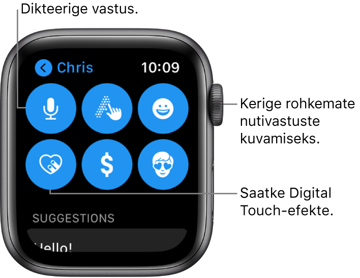 Vastamise kuva, milles on nupud Dictate, Scribble, Emoji, Digital Touch, Apple Pay ja Memoji. Selle all on nutivastused. Rohkemate nutivastuste nägemiseks keerake Digital Crowni.