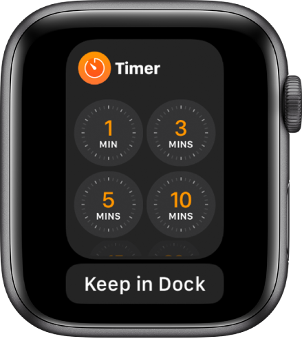 Rakenduse Timer kuva Dockis, mille all on nupp Keep in Dock.