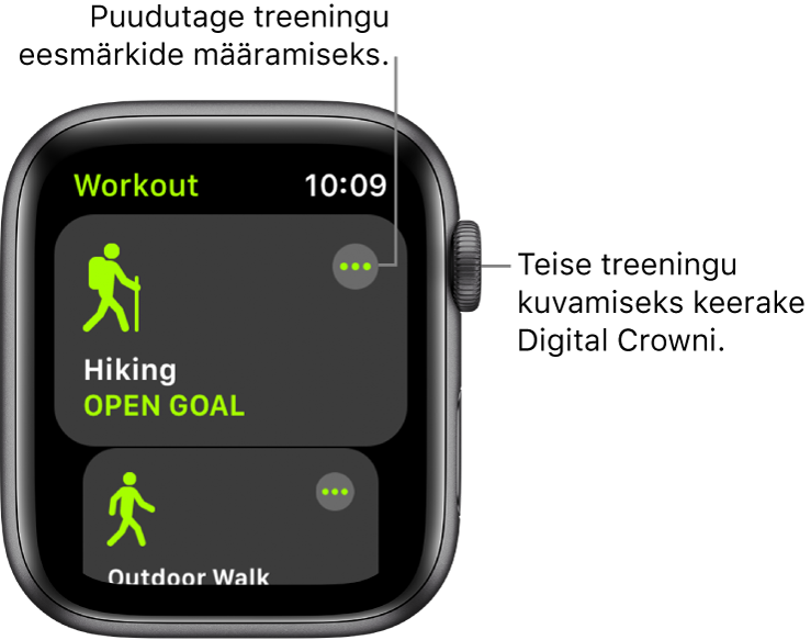 Kuva Workout koos esiletõstetud treeninguga Hiking. Paremal üleval kuvatakse nuppu More. Osa treeningust Outdoor Walk kuvatakse all.