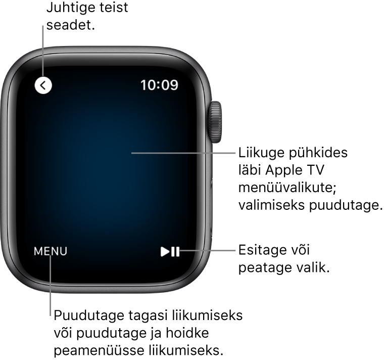 Apple Watchi kuva, kui seda kasutatakse kaugjuhtimispuldina. All vasakul on nupp Menu ning all paremal nupp Play/Pause. Nupp Back on üleval vasakul.
