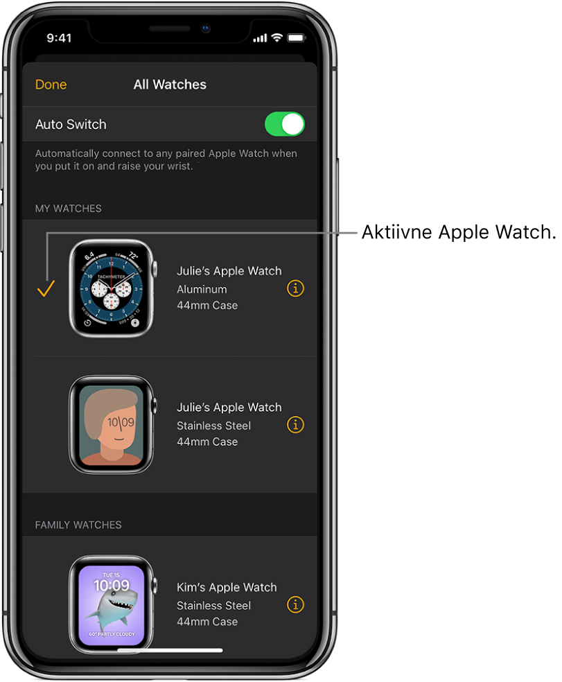 Apple Watchi rakenduse kuvas All Watches on aktiivse Apple Watchi juures linnuke.