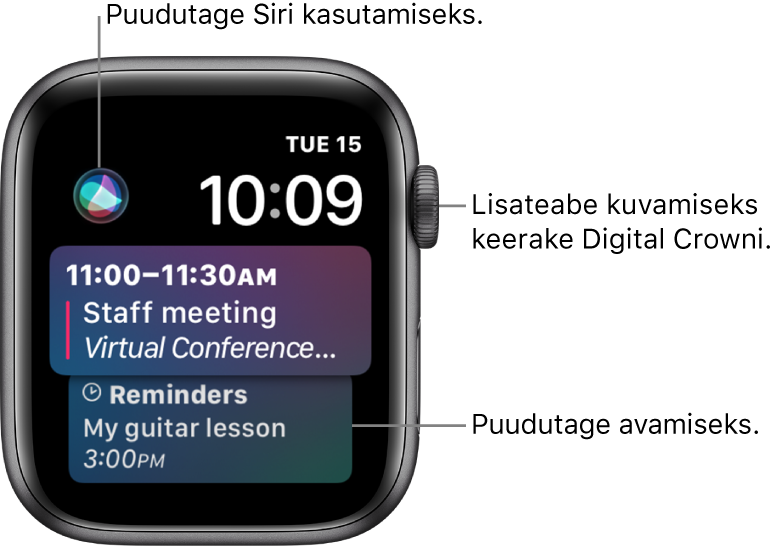 Kellakuva Siri, kus kuvatakse meeldetuletust ja kalendrisündmust. Siri nupp asub ekraanil üleval vasakul. Üleval paremal kuvatakse kuupäeva ja kellaaega.