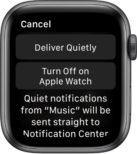 Apple Watchi märguandeseaded. Ülemisel nupul on kirjas “Deliver Quietly”ning alumisel nupul on kirjas “Turn Off on Apple Watch”.