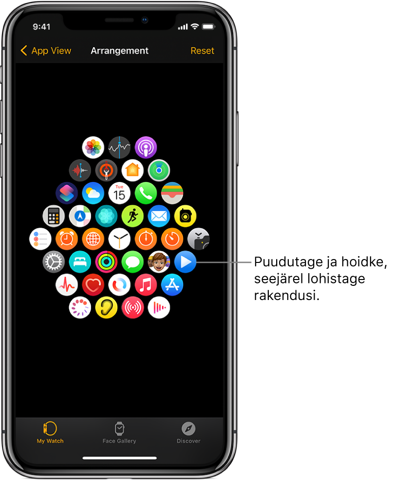 Apple Watchi kuva Arrangement ikoonide võrgustikuga.