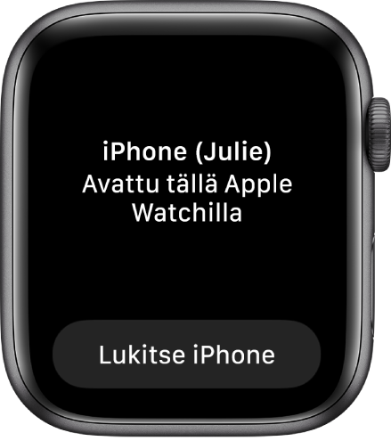 Apple Watchin näyttö, jossa on viesti, jonka mukaan Julien iPhone on avattu tällä Apple Watchilla. Alla näkyy Lukitse iPhone -painike.