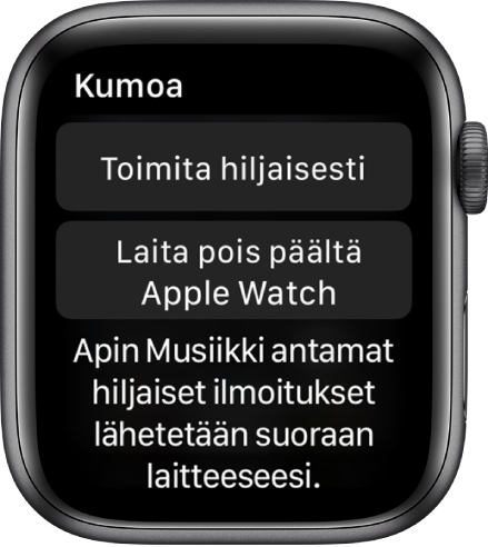 Ilmoitukset-asetukset Apple Watchissa Ylimmäisessä painikkeessa lukee ”Toimita hiljaisesti” ja sen alla olevassa painikkeessa ”Laita pois päältä Apple Watchissa”.