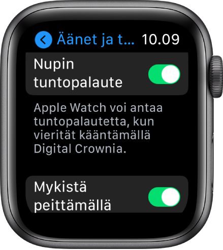 Nupin tuntopalaute -näyttö, jossa näkyy päälle laitettu Nupin tuntopalaute -kytkin. Mykistä peittämällä -painike on alareunassa.