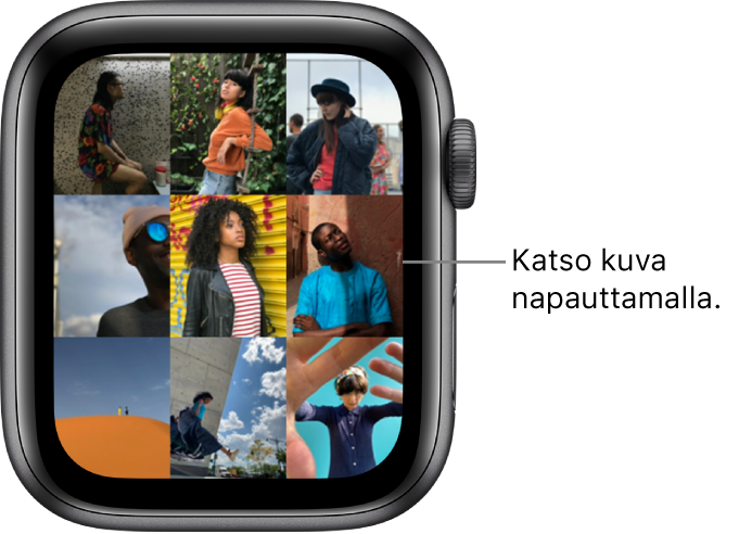 Apple Watchin Kuvat-apin päänäyttö, jossa on useita kuvia, jotka näkyvät ruudukkona.