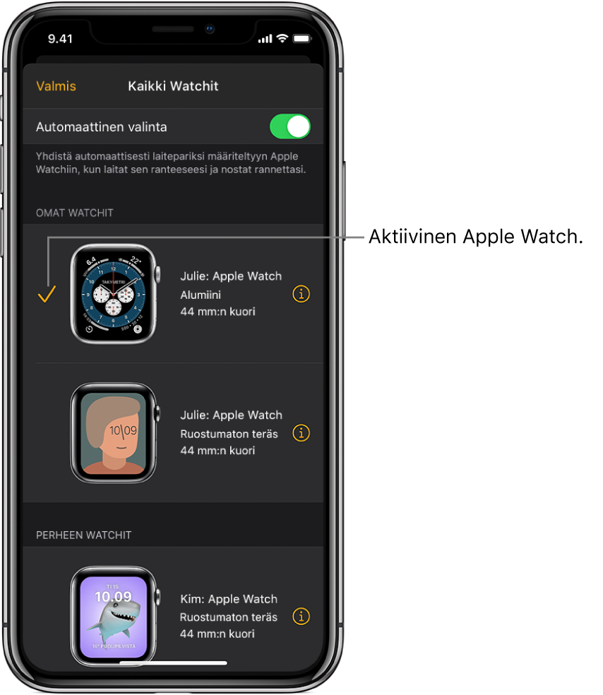 Apple Watch ‑apin Kaikki Watchit -näytössä valintamerkki osoittaa aktiivisen Apple Watchin.