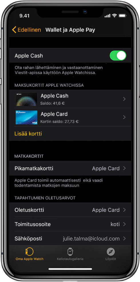 Wallet ja Apple Pay -näyttö iPhonen Apple Watch ‑apissa. Näytöllä näkyy Apple Watchiin lisättyjä kortteja, kortti, jonka olet valinnut käytettäväksi Express-korttina, ja maksun oletusasetukset.