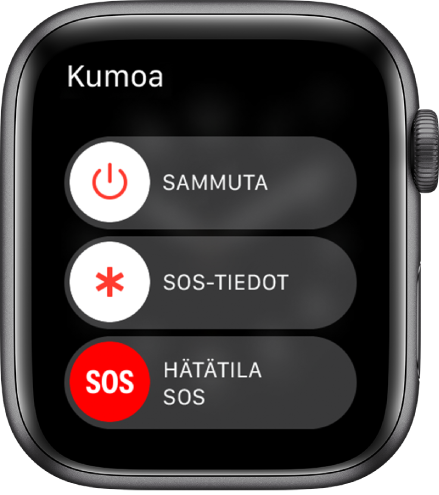 Apple Watchin näyttö, jossa on kolme liukusäädintä: Virta pois päältä, SOS-tiedot ja Hätätilanne SOS. Laita Apple Watch pois päältä vetämällä Virta pois ‑liukusäädintä.